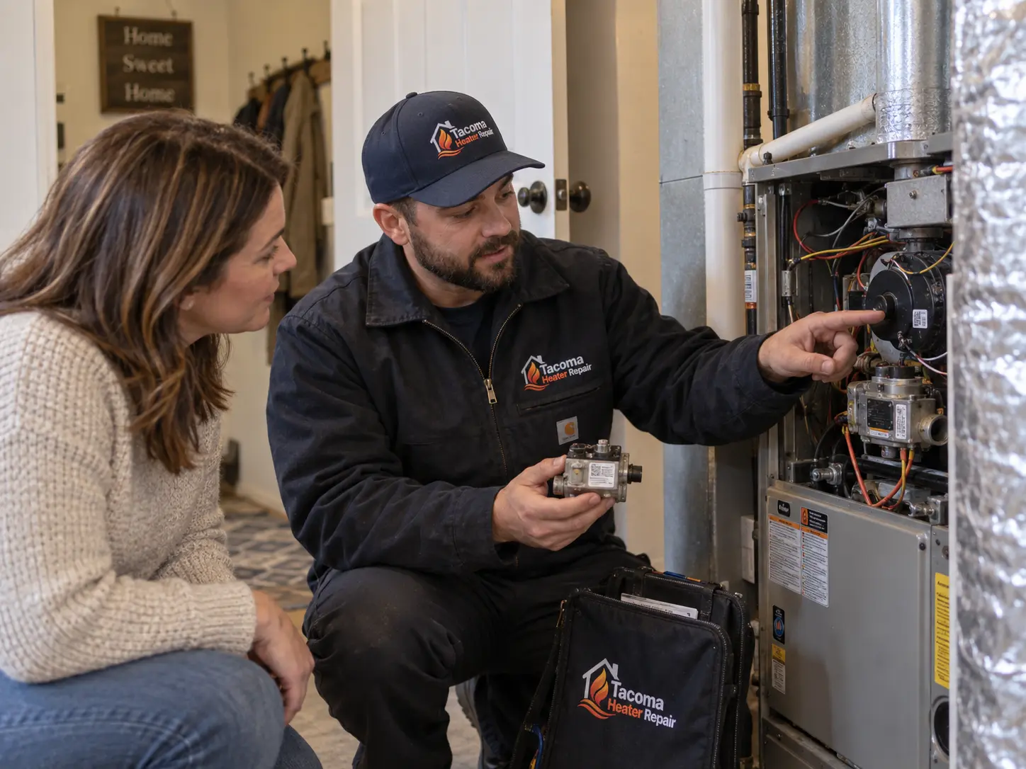 Technician holding a gas valve and pointing inside a furnace while explaining it to a homeowner