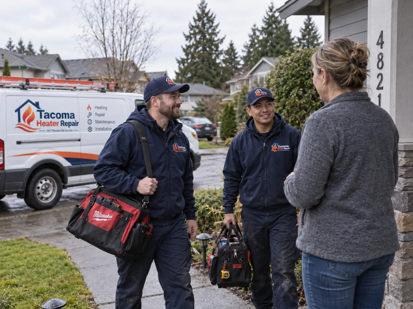Two technicians carrying tool bags up a residential walkway to greet a homeowner
