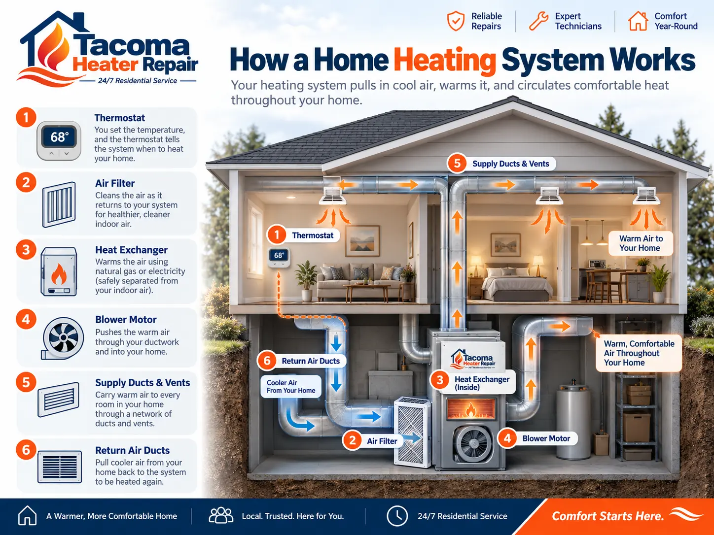 Cutaway diagram of a home heating system showing thermostat, air filter, heat exchanger, blower motor, supply ducts and vents, and return air ducts