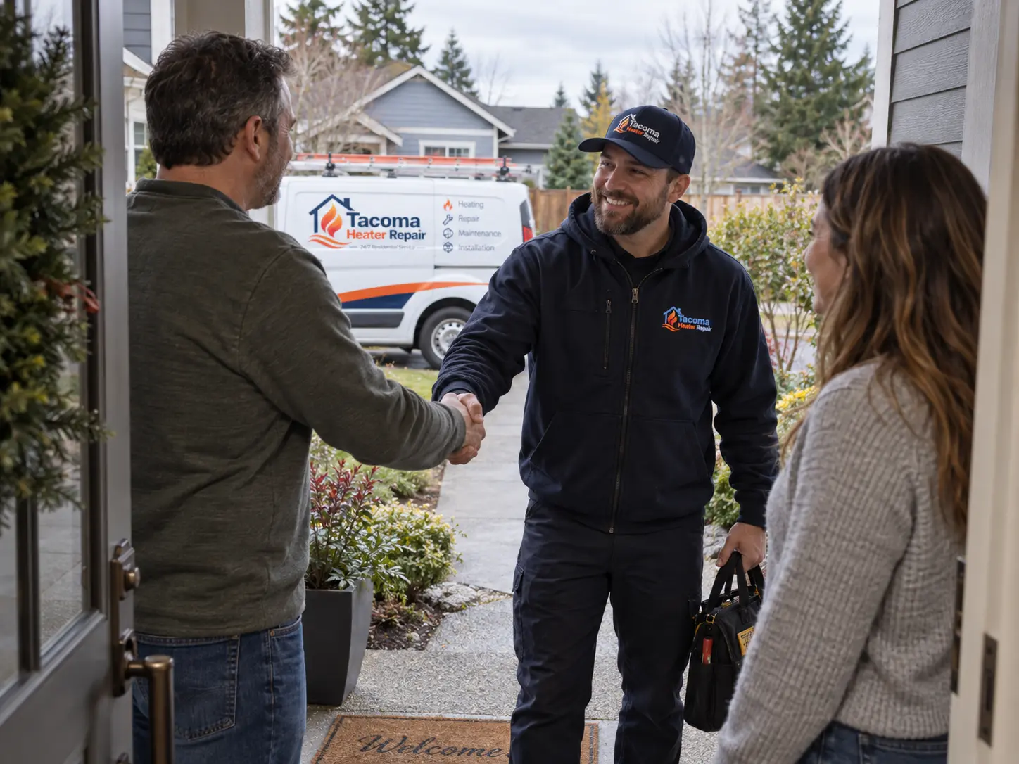 Technician shaking hands with homeowners at their front door beside a service van