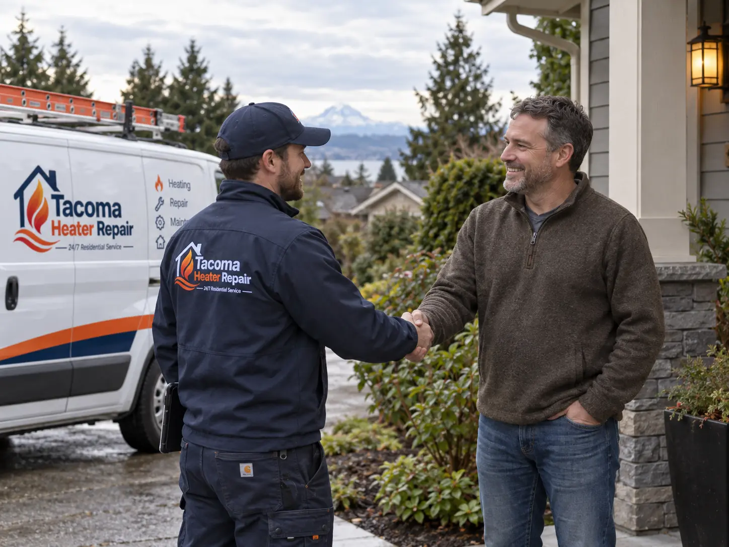 Technician and homeowner shaking hands in a driveway with a service van and Mount Rainier behind them