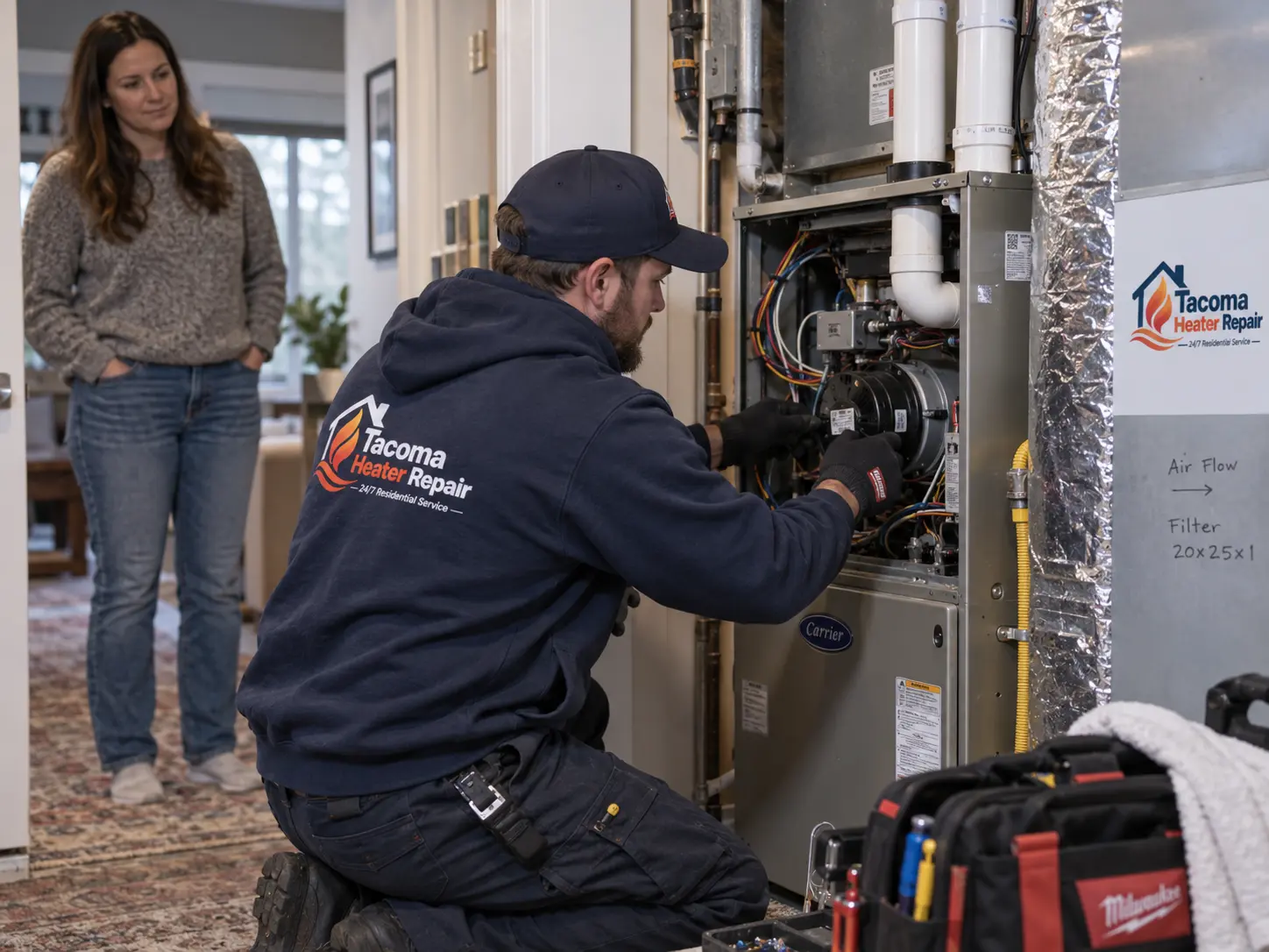 Technician working on furnace wiring and the inducer motor inside a hallway furnace closet