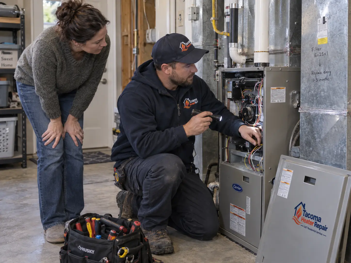Technician using a flashlight to inspect an open gas furnace in a garage while a homeowner watches